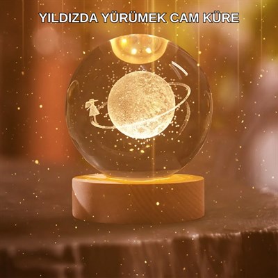 Kız Figürlü Sarı Cam Küre Işıklı Büyük Boy Ahşap Standlı Dekor