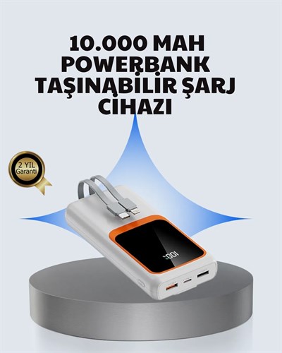 Kompakt 10000 mAh Powerbank – Dijital Göstergeli, Type-C ve Lightning Uyumlu