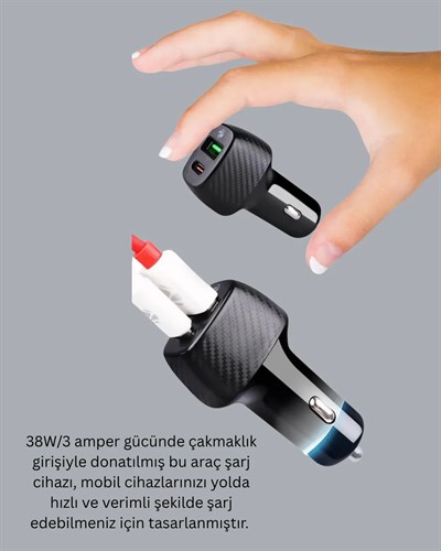 Kompakt Tasarımlı Type-C + USB Girişli Araç Şarj Başlığı