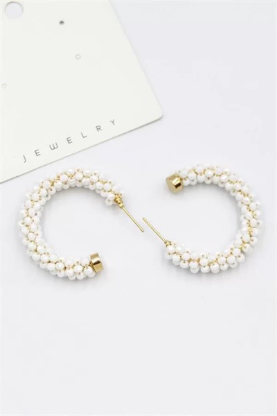 Kristal Boncuk Halka Küpe - Beyaz