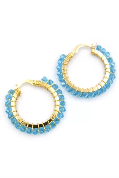 Kristal Boncuk Halka Küpe - Turkuaz