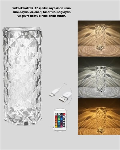 Kristal RGB LED’li Kumandalı Masa ve Gece Lambası – Renkli Işık Modlarıyla Şık Dekoratif Aydınlatma