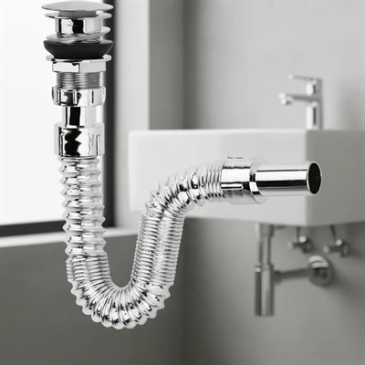 Krom Basmalı Sifon -Körüklü Sifon Bas Stoplu Lavabo Mutfak Sifonu