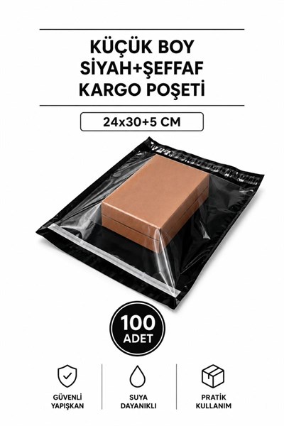 Küçük Boy Siyah Şeffaf Kargo Poşeti 24x30+5 Cm 100 Adet