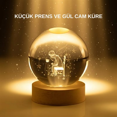 Küçük Prens Cam Küre USB Işıklı Ahşap Standlı Büyük Boy