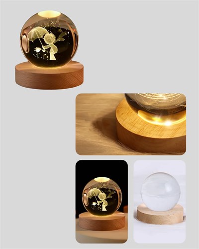 LED Aydınlatmalı 3D Küçük Prens Kristal Küre Ahşap Standlı Masa Gece Lambası