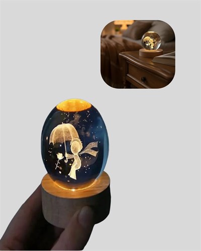 LED Aydınlatmalı 3D Küçük Prens Kristal Küre Ahşap Standlı Masa Gece Lambası