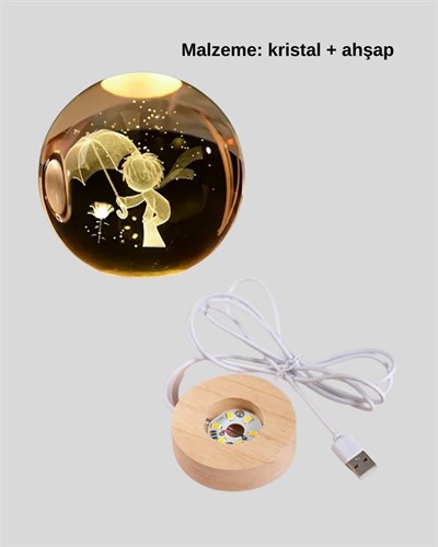 LED Aydınlatmalı 3D Küçük Prens Kristal Küre Ahşap Standlı Masa Gece Lambası
