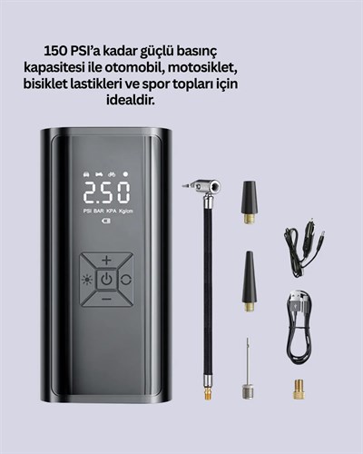 LED Fenerli ve SOS Işıklı Çok Fonksiyonlu Hava Kompresörü