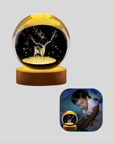 LED Işıklı Geyikli Kristal Küre Ahşap Standlı Modern Dekor Lamba