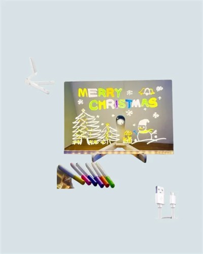 LED Işıklı Şeffaf Yazı Tahtası – Neon Etkili Akrilik Pano, Silinebilir, 7 Renkli Kalemli, 30x20 cm