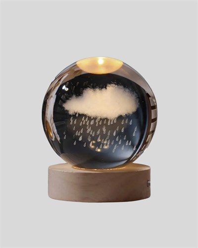 LED Sıcak Işıklı 3D Bulut Figürlü Kristal Küre Ahşap Standlı Gece Lambası