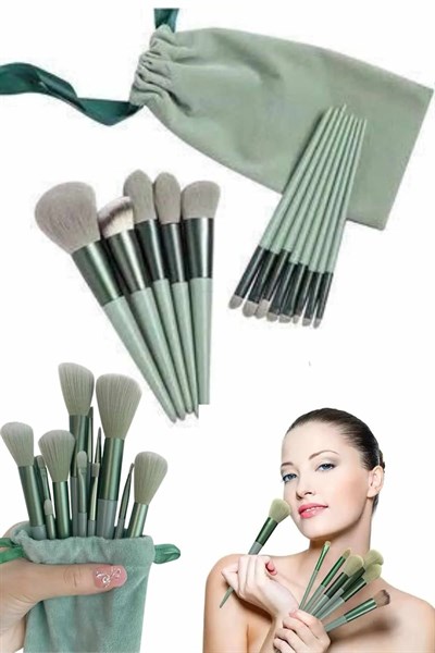 Makyaj Fırça Seti Yeşil 13 Parça Fondöten Fırçası Allık Fırçası Far Fırçası