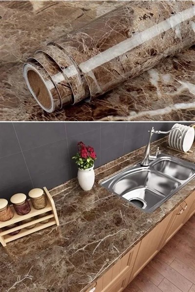 Mermer Desenli Masa Tezgah Mutfak Su Geçirmez Yapışkanlı Folyo Sticker Kahverengi 5x0,6m