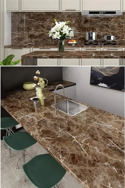 Mermer Desenli Masa Tezgah Mutfak Su Geçirmez Yapışkanlı Folyo Sticker Kahverengi 5x0,6m