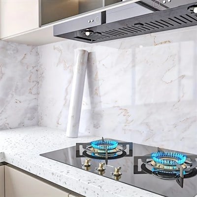 Mermer Desenli Mutfak Duvar Kağıdı Sticker - 5mx60cm Su Geçirmez, Yağa Dayanıklı, Yüksek Sıcaklığa Dayanıklı Tezgah, Dolap, Ocak Yenileme Folyosu T04