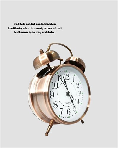 Metal Bronz Nostaljik Masa Saati Alarmlı Büyük Boy Sessiz Mekanizmalı