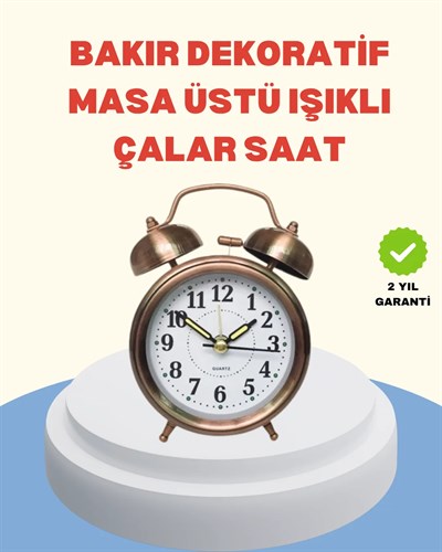 Metal Bronz Nostaljik Masa Saati Alarmlı Büyük Boy Sessiz Mekanizmalı
