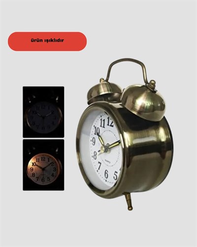 Metal Bronz Nostaljik Masa Saati Alarmlı Büyük Boy Sessiz Mekanizmalı