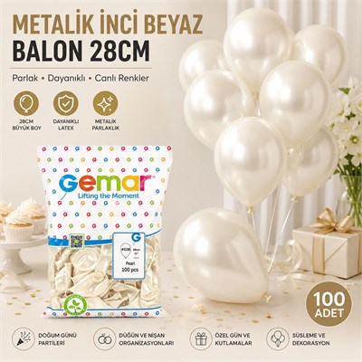 Metalik İnci Beyaz Balon 28 cm (11) - 100 Adet