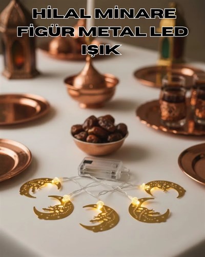 Minareli Hilal LED Işık Gold Metal Gövdeli Pilli Ramazan Dekoru