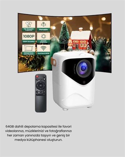 Mini Akıllı Projektör – 1080P Full HD, 64GB Depolama, 2GB RAM, Uzaktan Kumanda Destekli