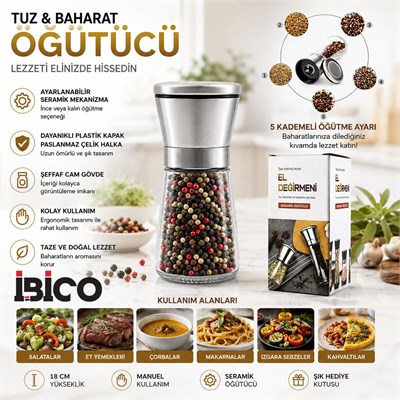 Mini Cam Hazneli Tuz ve Baharat Öğütücü - Krom Kaplama