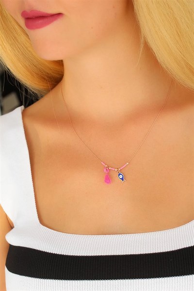 Nazar Boncuklu Pembe Renk Taşlı Rose Bayan Kolye