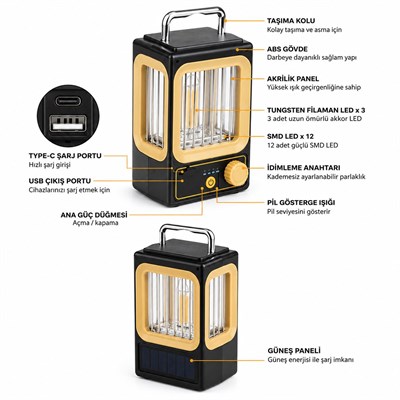 Nostalji Solar Lamba - USB Şarjlı 1500mAh