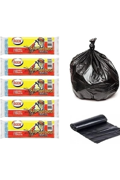 Ögem Büyük Boy Çöp Poşeti 65x80 Cm 50 Lt 10lu Rulo 5 Paket Siyah