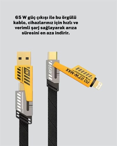 Örgülü Tasarım 4’ü 1 Arada USB-C Lightning Hızlı Şarj Kablosu