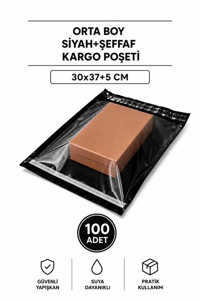 Orta Boy Siyah Şeffaf Kargo Poşeti 30x37+5 Cm 100 Adet
