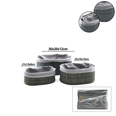 Oval Bambu Kenarlı 3lü Organizer Sepet Seti - Gri