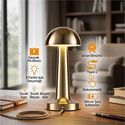 Oval Metal Mantar Masa Lambası - Dokunmatik Type-C 3 Mod