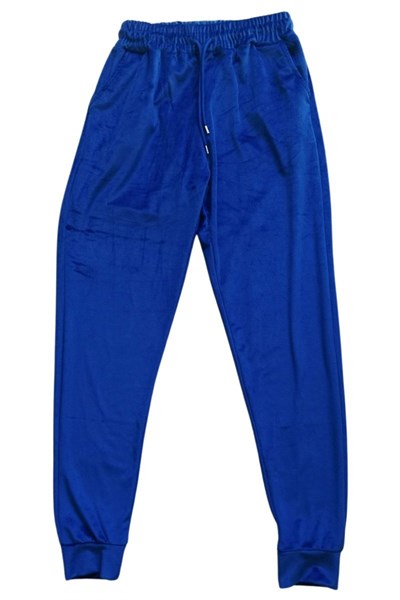 Parlak Kadife Cepli Pantolon Eşofman Pijama Altı Unisex Lastikli Paça Mavi