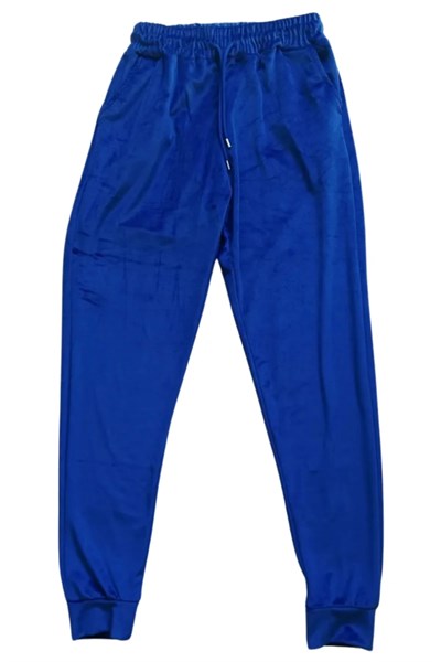 Parlak Kadife Cepli Pantolon Eşofman Pijama Altı Unisex Lastikli Paça Mavi