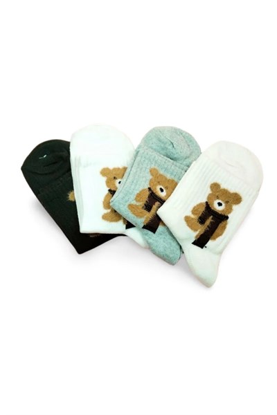 Peluş Ayıcık İşlemeli Kadın Soket Çorap 4 Çift mudanis