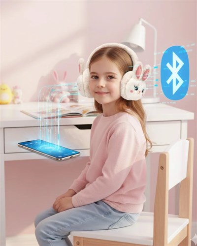 Peluş Tavşan Kulaklı Bluetooth Kulaklık Kablosuz Müzik ve TF Kart Destekli