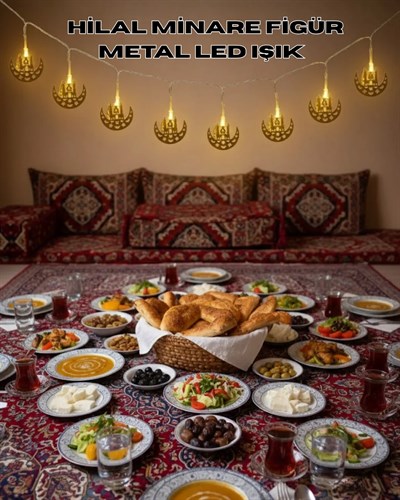 Pilli Minareli Hilal LED Işık Gold Metal Ramazan Dekorasyonu