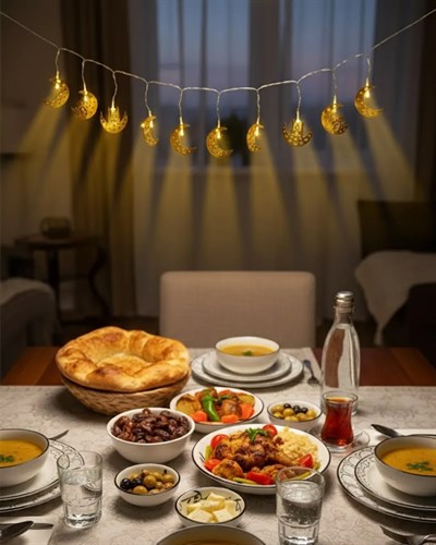 Pilli Minareli Hilal LED Işık Gold Metal Ramazan Dekorasyonu
