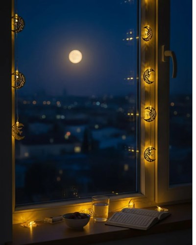 Pilli Minareli Hilal LED Işık Gold Metal Ramazan Dekorasyonu