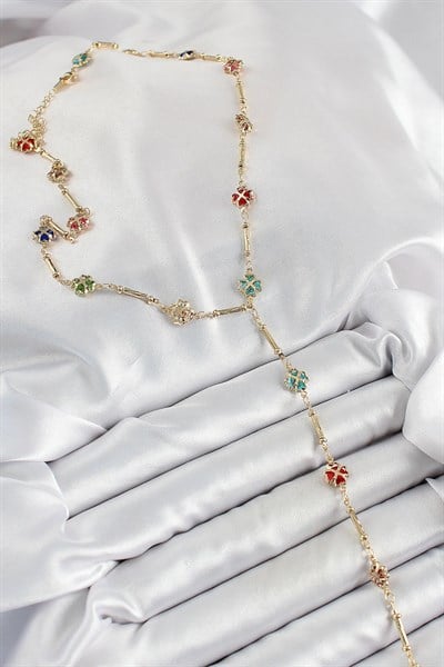 Pirinç Asorti Kalpli Yonca Model Gold Renk Zirkon Taşlı Y Kolye