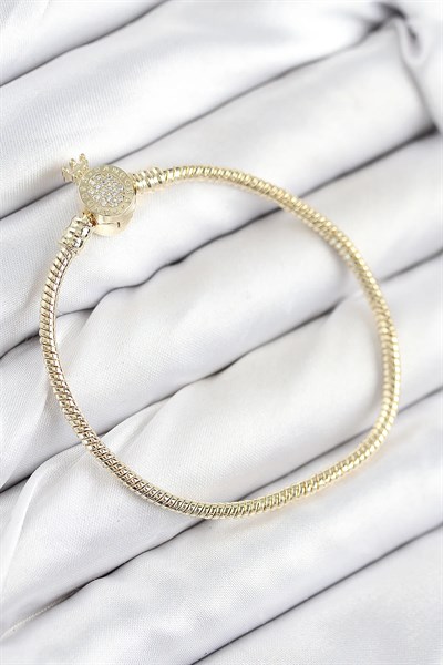 Pirinç Charm Zirkon Taşlı Taç Model Gold Renk Kadın Bileklik