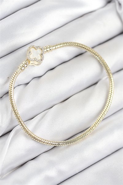 Pirinç Charm Zirkon Taşlı Yonca Model Gold Renk Kadın Bileklik
