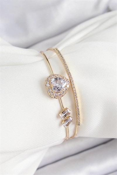 Pirinç Gold Renk Kalpli Zirkon Taşlı Kadın Bileklik