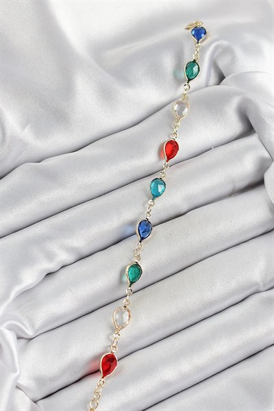 Pirinç Gold Renk Karışık Renk Damla Zirkon Taşlı Kadın Bileklik