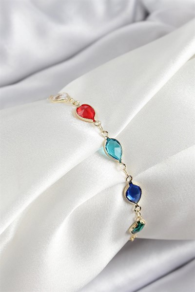 Pirinç Gold Renk Karışık Renk Damla Zirkon Taşlı Kadın Bileklik