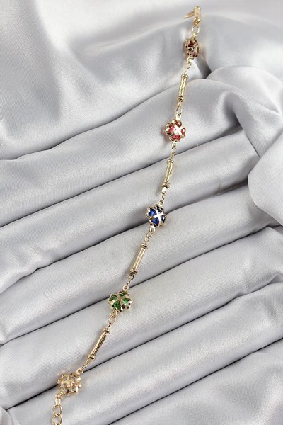 Pirinç Gold Renk Karışık Renk Yonca Zirkon Taşlı Kadın Bileklik