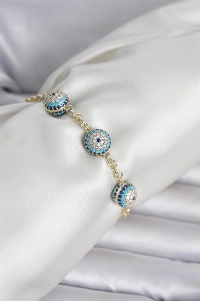 Pirinç Gold Renk Nazarlı Model Zirkon Taşlı Kadın Bileklik