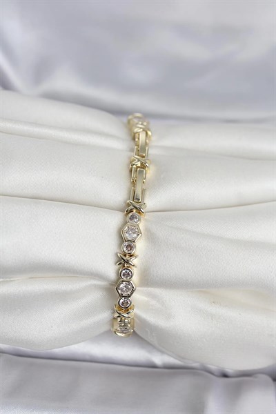 Pirinç Gold Renk Petek Model Zirkon Taşlı Kadın Bileklik